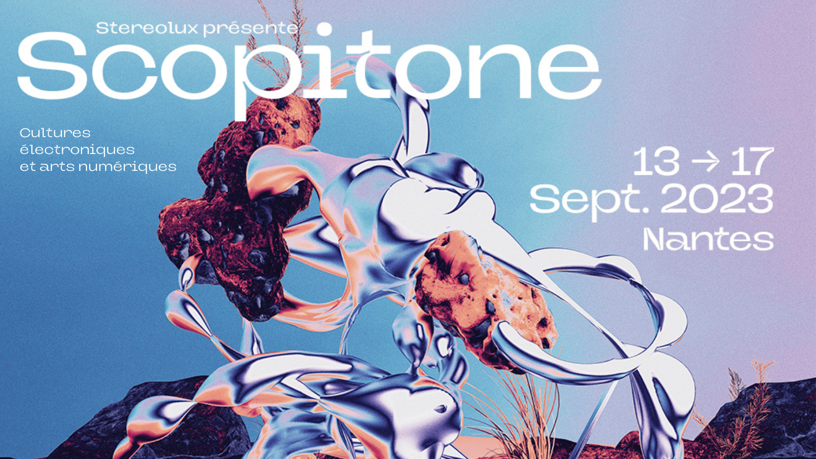 Affiche de l'exposition Scopitone avec écrit Stereolux présente Scopitone, cultures éléctroniques et arts numériques, du 13 au 17 septembre 2023