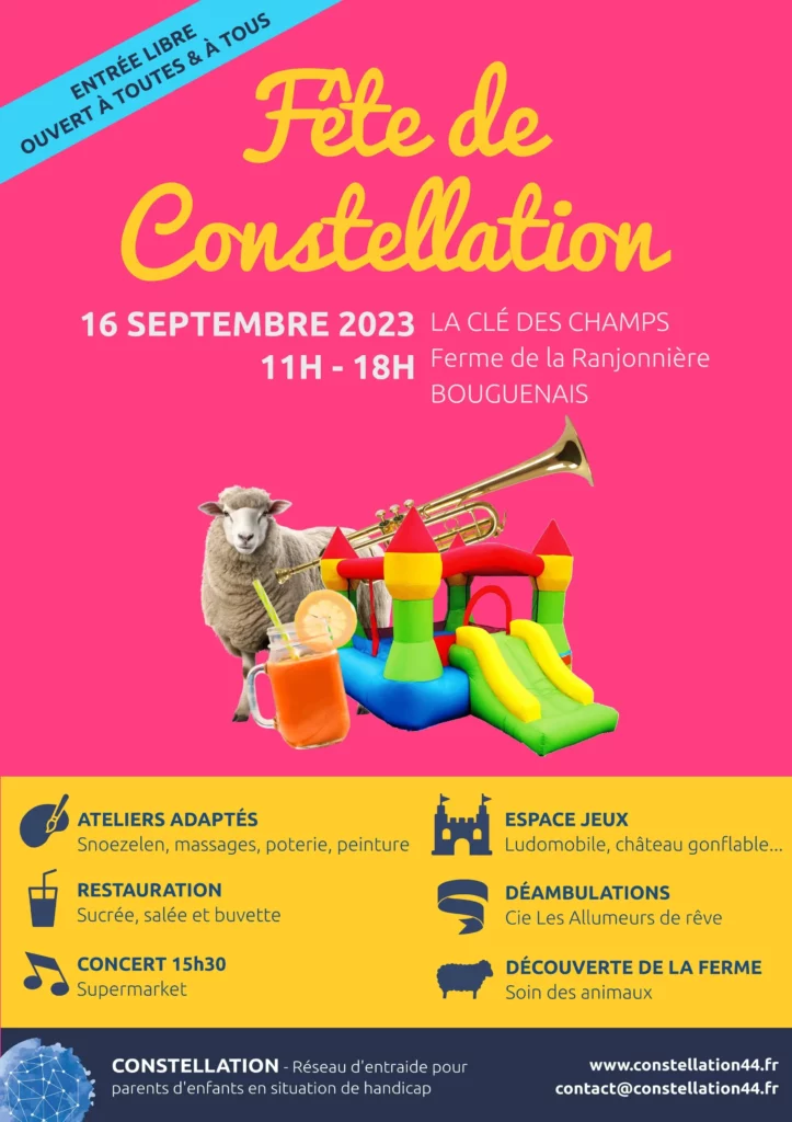 Affiche de la fête de constellation avec écrit : "fête de constellation, 16 septembre 2023 de 11 heures à 18 heures. La clé des champs, ferme de la Ranjonnière, Bouguenais"
