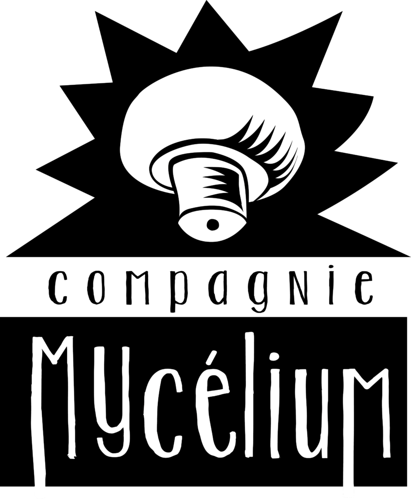 Logo de la compagnie Mycélium avec un champignon en noir et blanc et le nom de la compagnie