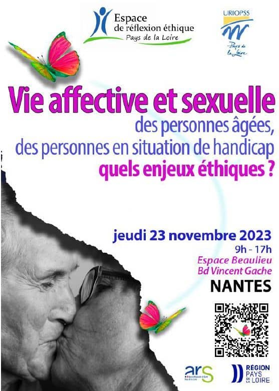 Affiche où l'on voit deux personnes âgées en train de s'embrasser avec écrit "Vie affective et sexuelle des personnes âgées et des personnes en situation de handicap, quels enjeux éthiques ?" jeudi 23 novembre de 8h30 à 17h00, espace Beaulieu, boulevard Vincent Gâche, Nantes.