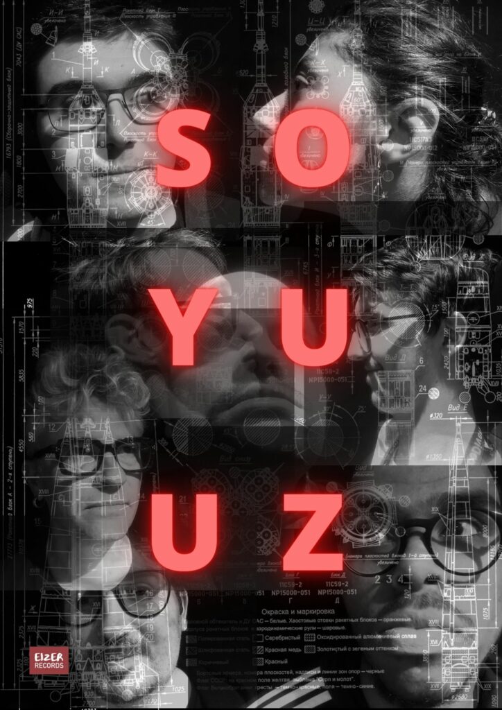 image des visages des membres de soyuuz avec écrit "SOYUUZ" en rouge
