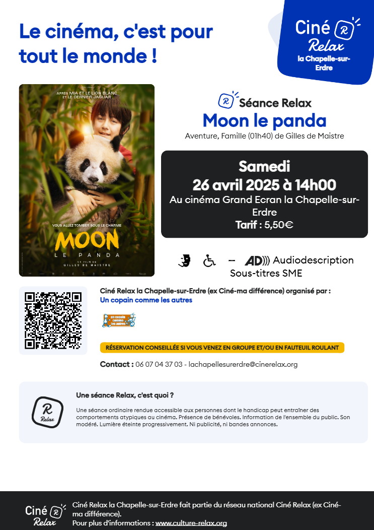 Séance de Ciné-Relax du film « Moon le Panda » à La Chapelle-sur-Erdre le 26 avril
