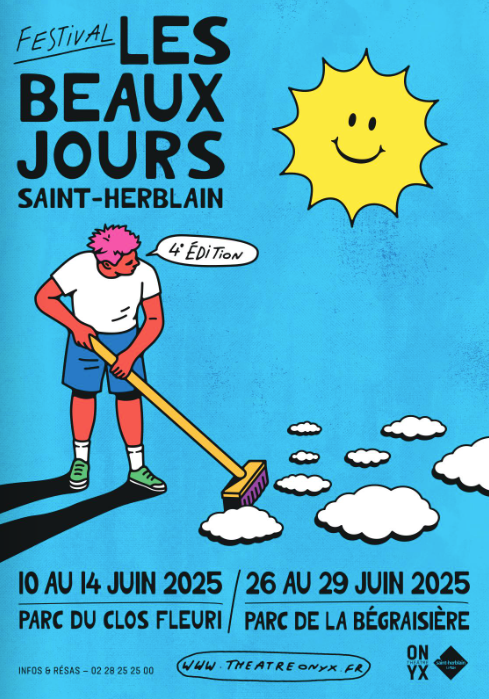 affiche du festival Les Beaux Jours où on voit le dessin d'un homme sous le soleil qui balaie des nuages
