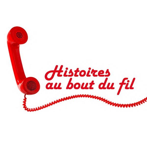 un téléphone filaire rouge avec écrit "histoires au bout du fil"
