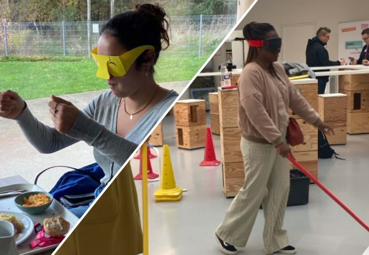 photo d'une femme portant des lunettes pour ne plus voir et tenant une canne de guidage