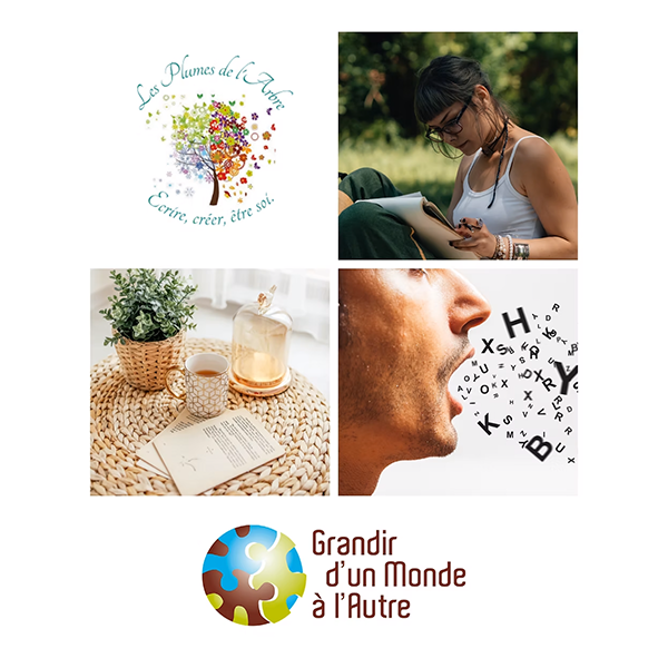 logo de grandir d'un monde à l'autre accompagnée de photo en lien avec l'écriture (femme qui écrit, feuille sur une table, homme qui parle)