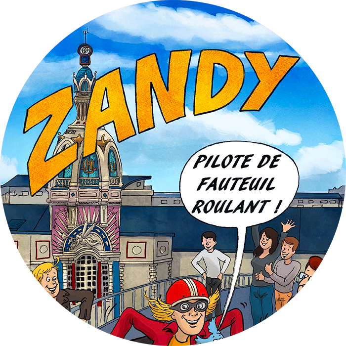 1ere de couverture de la bd où on voit une personne en fauteuil roulant avec écrit "zandy pilote de fauteuil roulant" à nantes