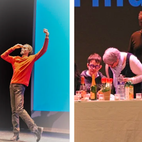 un homme danse sur scène, et une femme et assise à côté d'un garcon