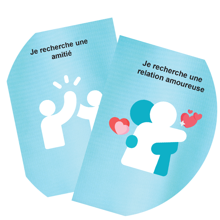 photo de deux illustrations : une avec un couple qui se fait un calin où il est écrit "je recherche une relation amoureuse" et l'autre où 2 personnes se tapent dans la main et il est écrit "je recherche une amitié"