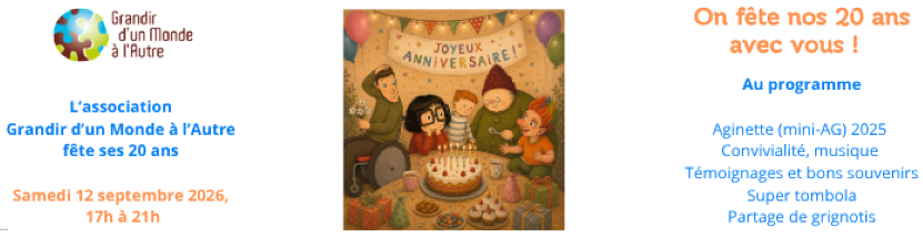 logo de l'association grandir d'un monde à l'autre où il est écrit "on fête nos 20 ans avez vous!"
